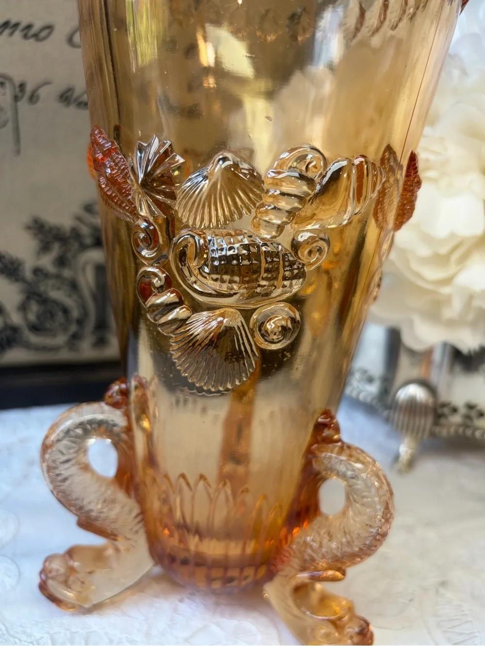 Westmoreland Amber glass footed vase seashells vintage coastal retro  beach deco